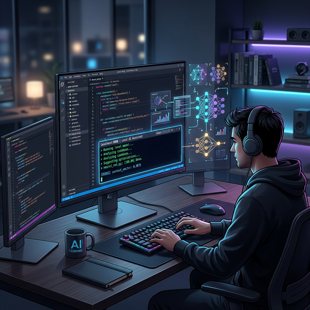 A sleek developer workspace showing AI coding